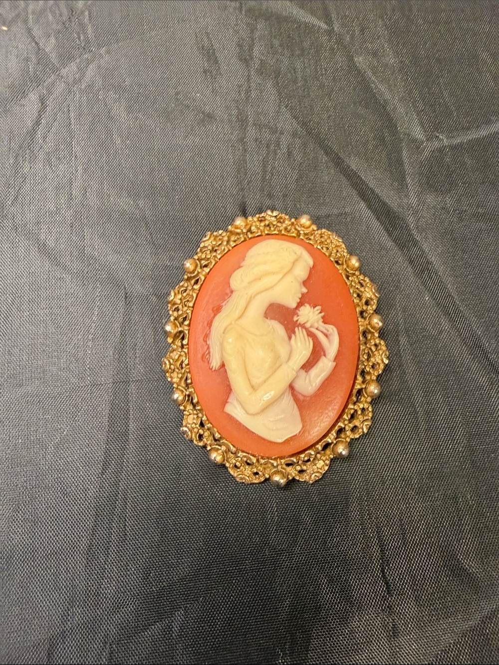 Coral Cameo Brooch Pin with Gold Floral Frame